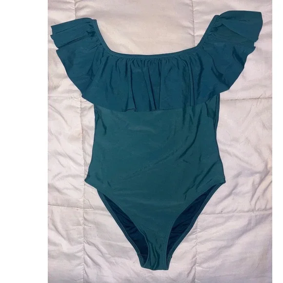 Calar del Sol Womens Teal Off Shoulder Ruffle One Piece Swimsuit Small - Picture 1 of 5